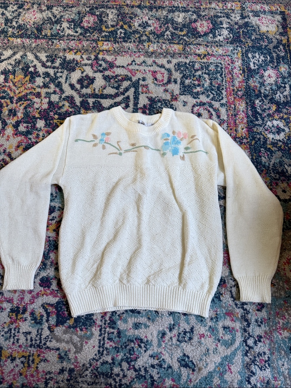 Cream Floral Crewneck Sweater with Pastel Embroidery